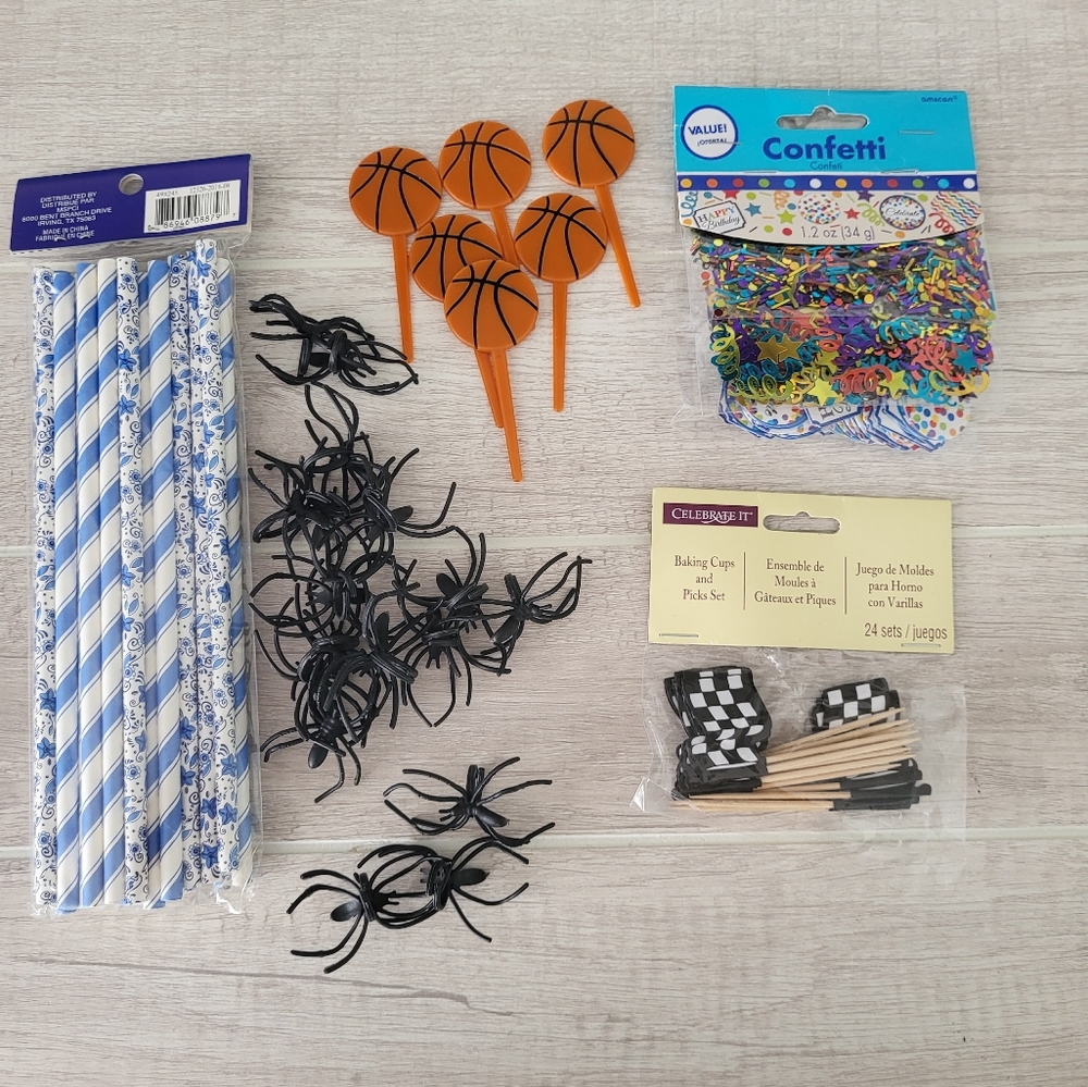 Bundle Of Party Supplies Picks‎ Straws Spider Rings Basketball Cupcake Toppers